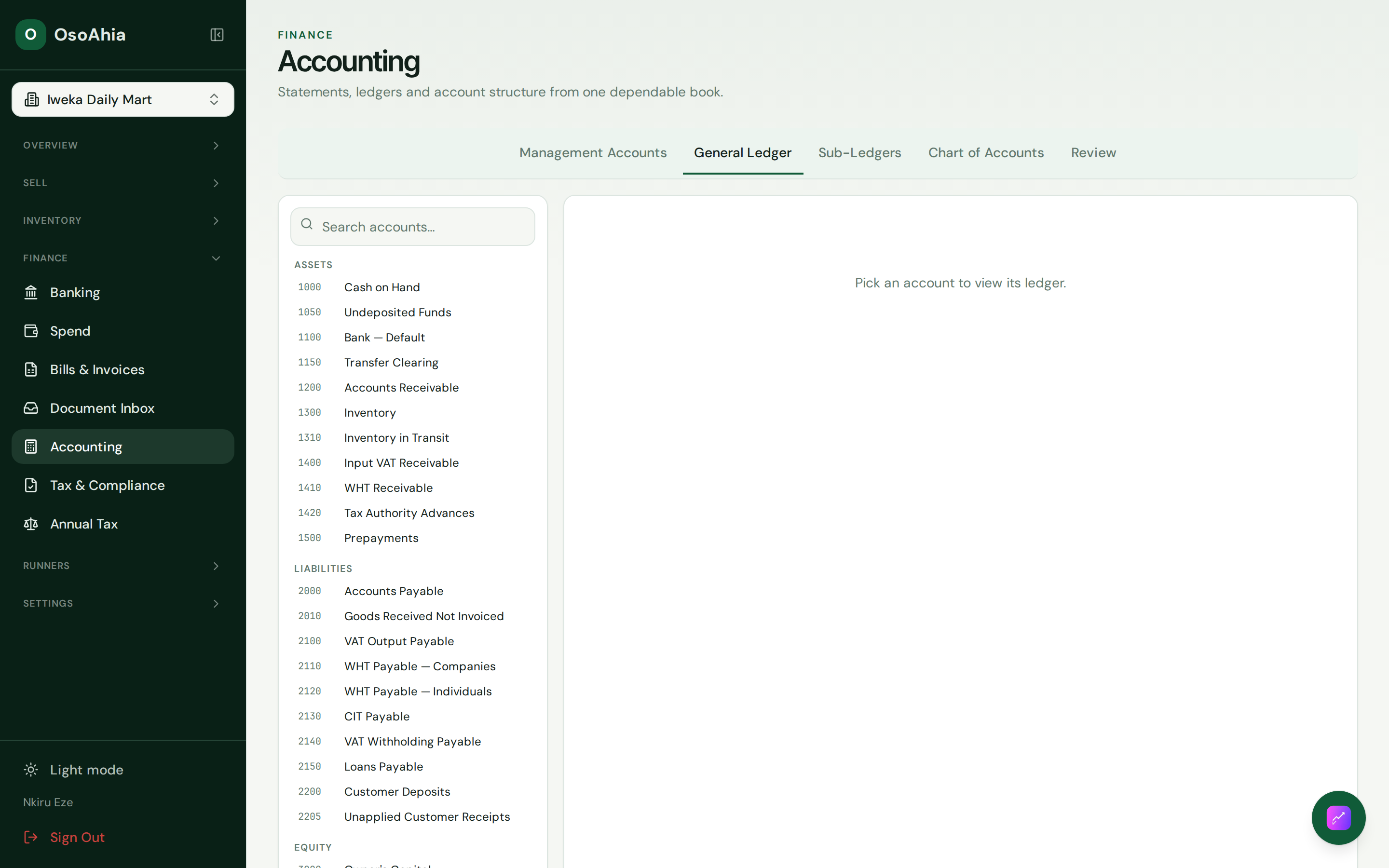 General Ledger with posted journals from sales and expenses.