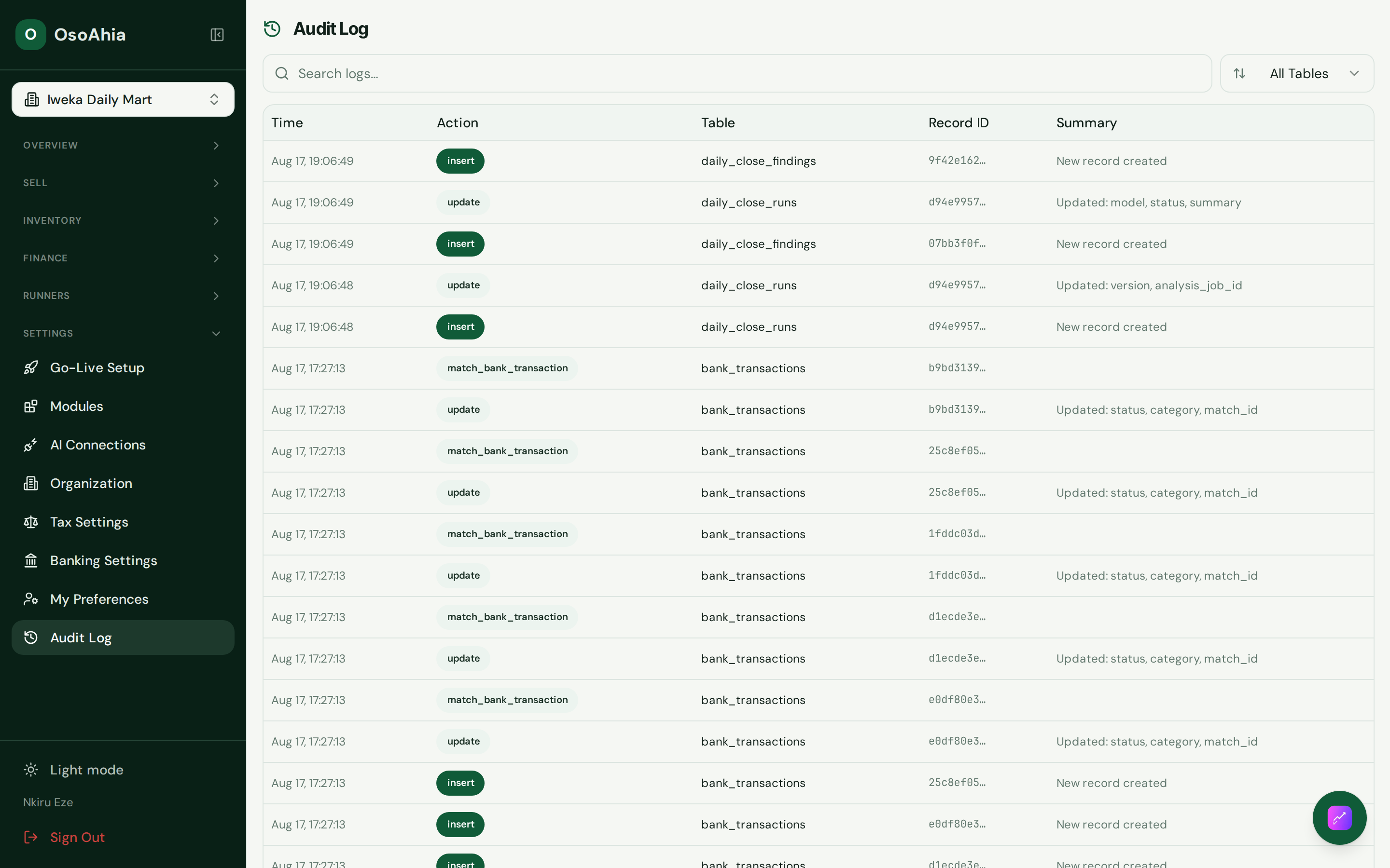 Audit log of shop changes.