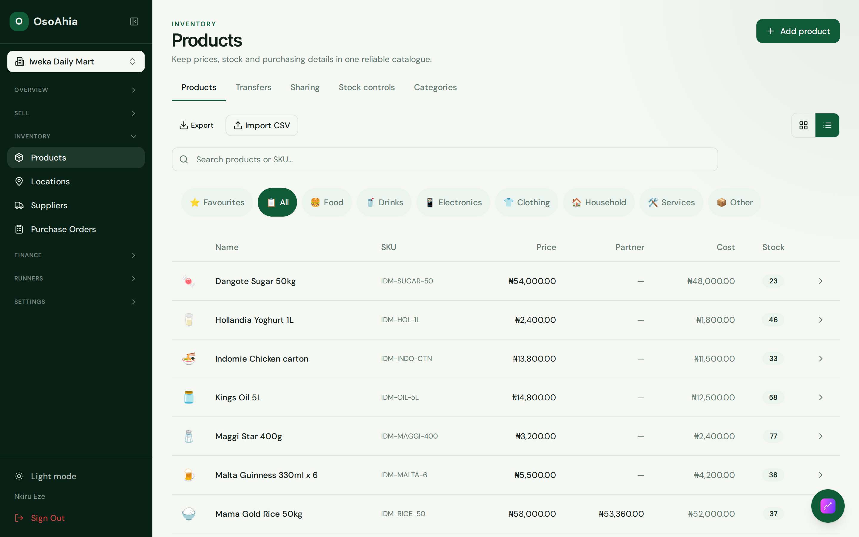 Product list with names, SKUs, and stock.