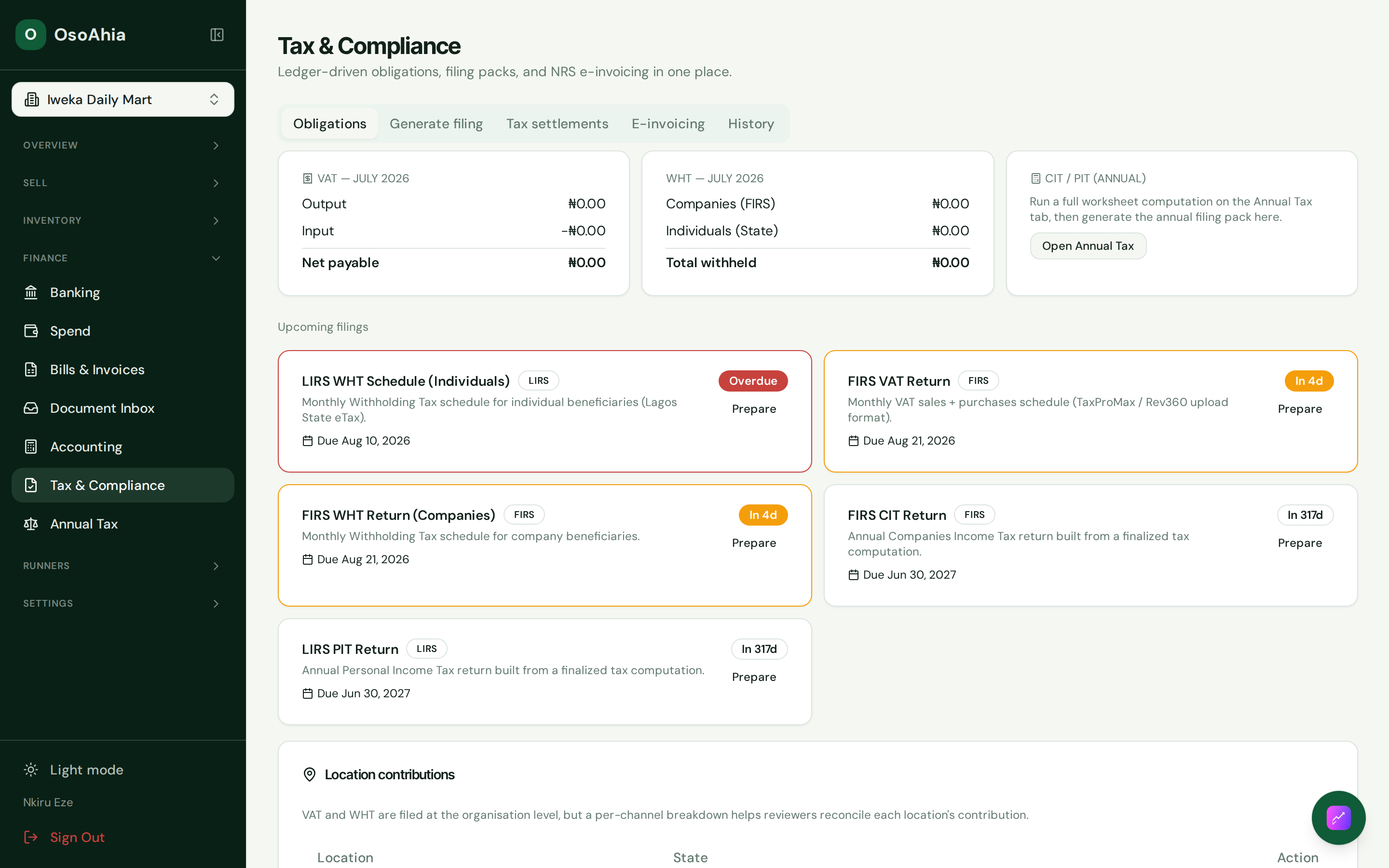 Tax and Compliance filings list.