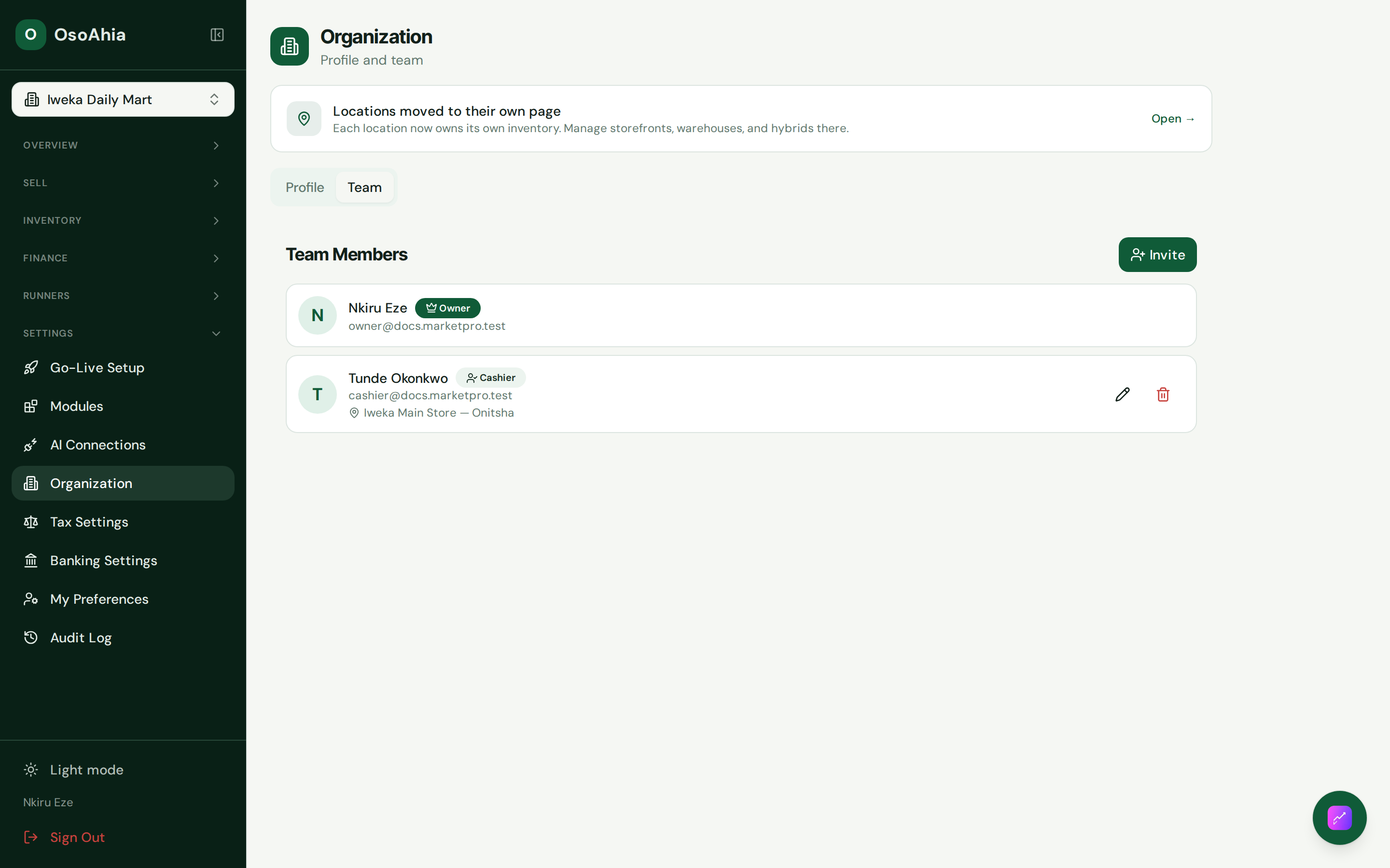 Organization Team tab with staff and shop access.